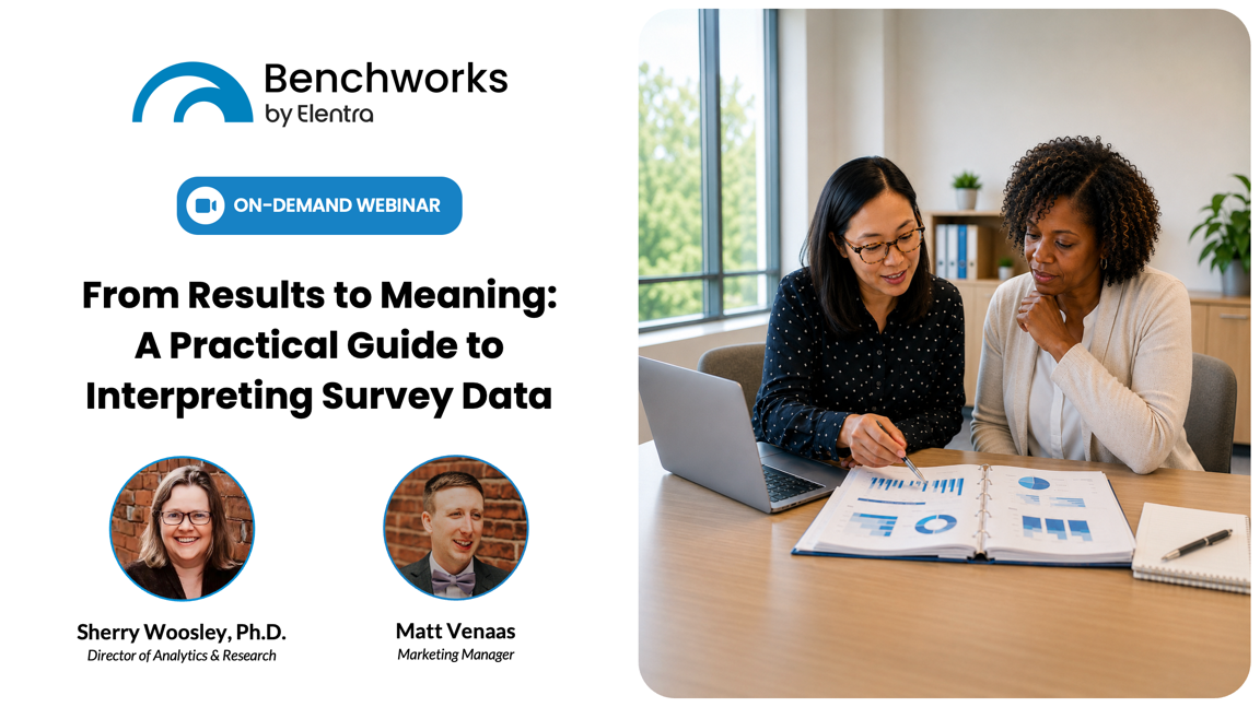 Promotional graphic for the on-demand webinar “From Results to Meaning: A Practical Guide to Interpreting Survey Data,” featuring presenters Sherry Woosley and Matt Venaas alongside two colleagues reviewing charts and survey results at a table.